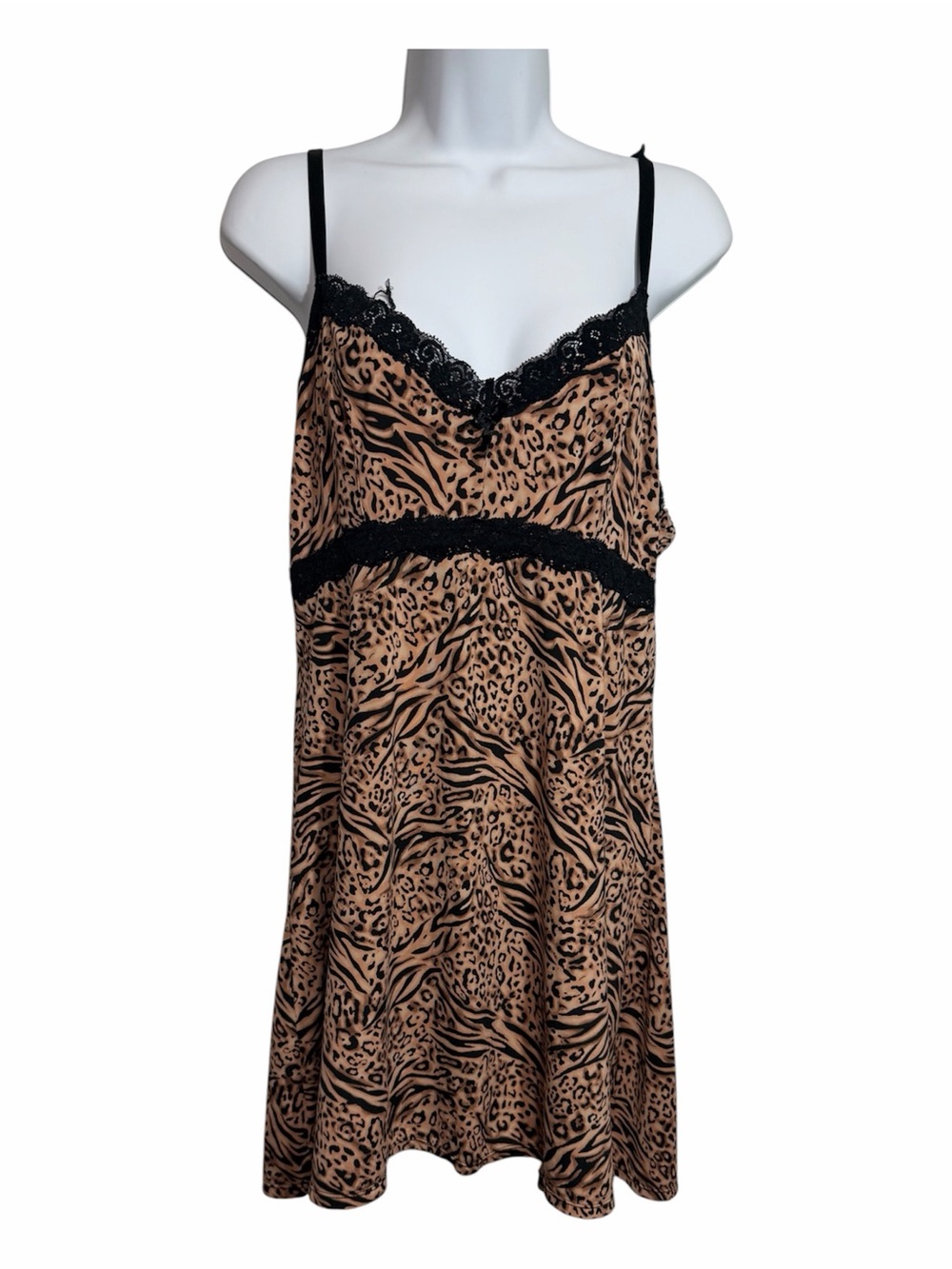 Vintage Leopard-Print Lace Trim Slip Dress Plus Size 2X Grunge Whimsygoth Sexy